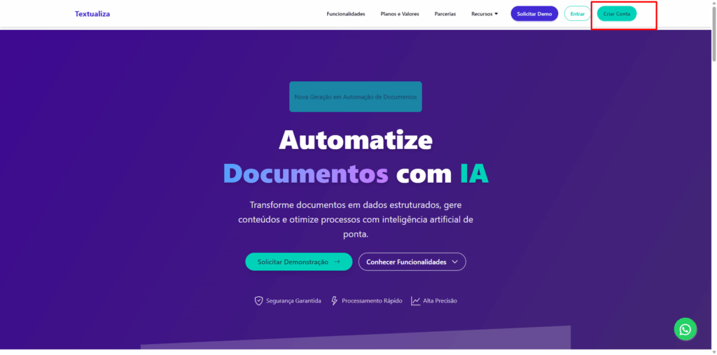 Botão Criar Conta no menu